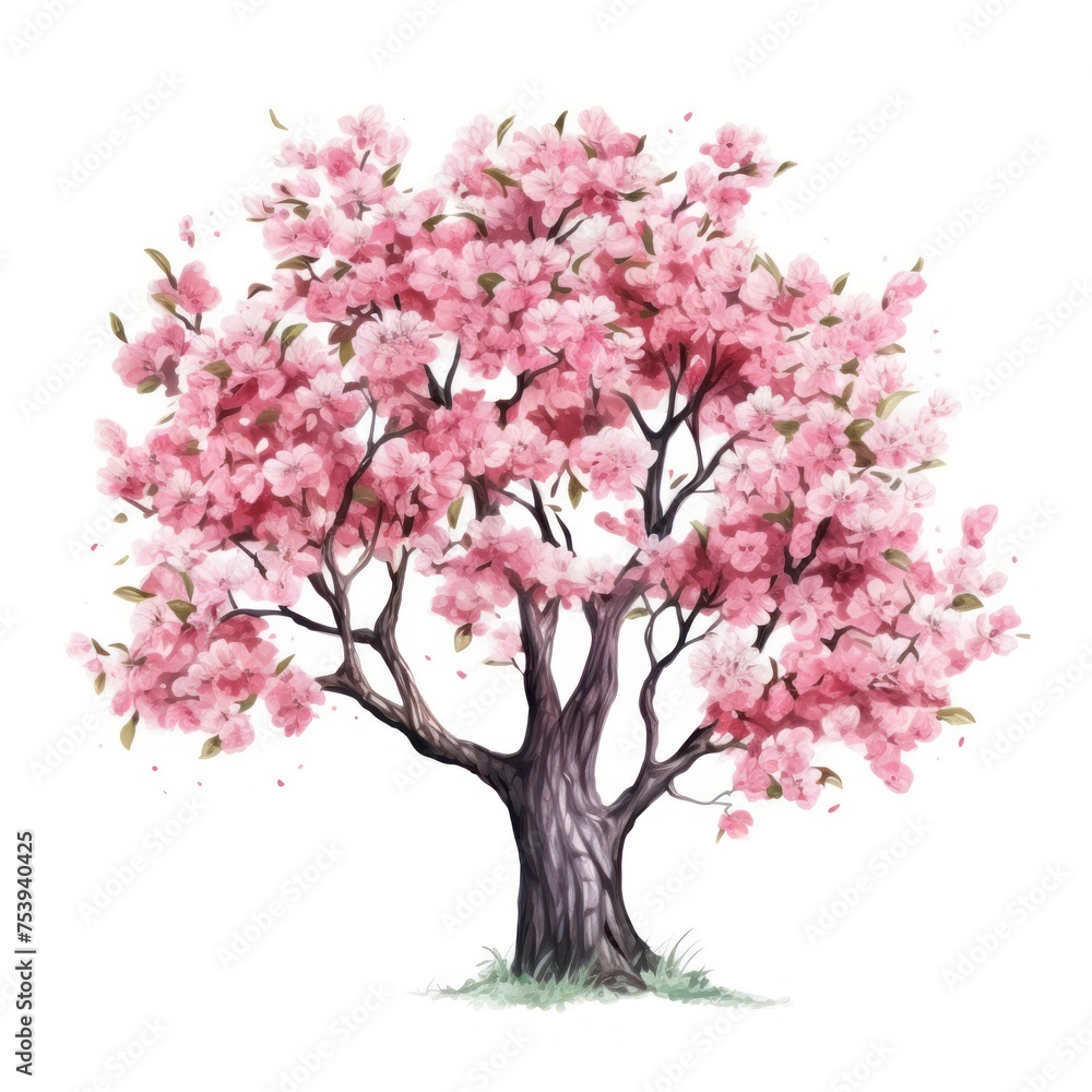 watercolor illustration, sakura tree with pink blossoms on white background, clip art watercolor illustration, sakura tree with pink blossoms on white background, clip art