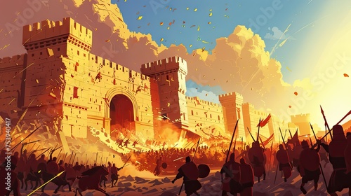 The Battle Of Jericho. The Walls Of Jericho Collapsing As The Israelites March Around Them. Vector Illustration