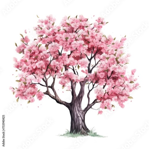 watercolor illustration, sakura tree with pink blossoms on white background, clip art