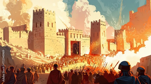 The Battle Of Jericho. The Walls Of Jericho Collapsing As The Israelites March Around Them. Vector Illustration photo