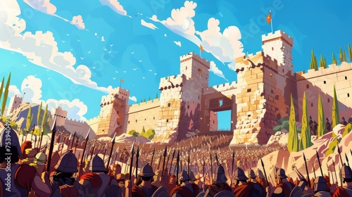 The Battle Of Jericho. The Walls Of Jericho Collapsing As The Israelites March Around Them. Vector Illustration