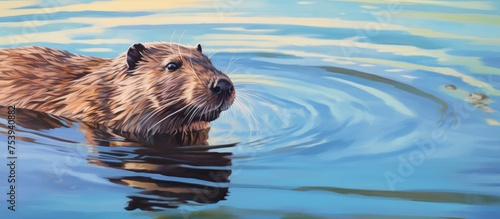 A painting depicting a beaver gracefully swimming in the rivers blue water, causing waves and ripples as it moves through the water. © 2rogan