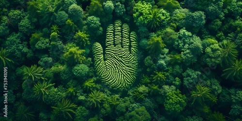 Impact of Deforestation on Biodiversity Shown Through Human Fingerprint on Green Forest. Concept Biodiversity, Deforestation, Human Impact, Green Forest, Environmental Awareness