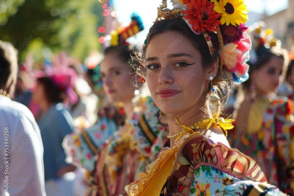 A poised young woman in traditional festive attire adorned with colorful flowers participates in a cultural parade, her grace and beauty shining through.