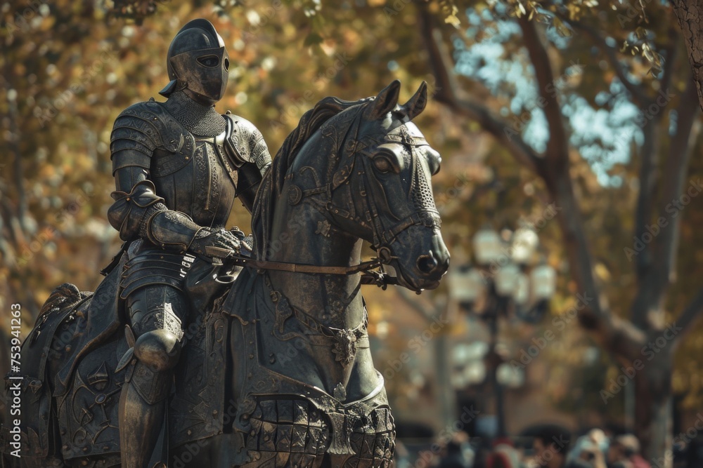 A knight in full armor rides a stoic horse amidst autumn leaves, capturing the essence of historical reenactments and medieval culture. A knight in full armor rides a stoic horse amidst autumn leaves, capturing the essence of historical reenactments and medieval culture.