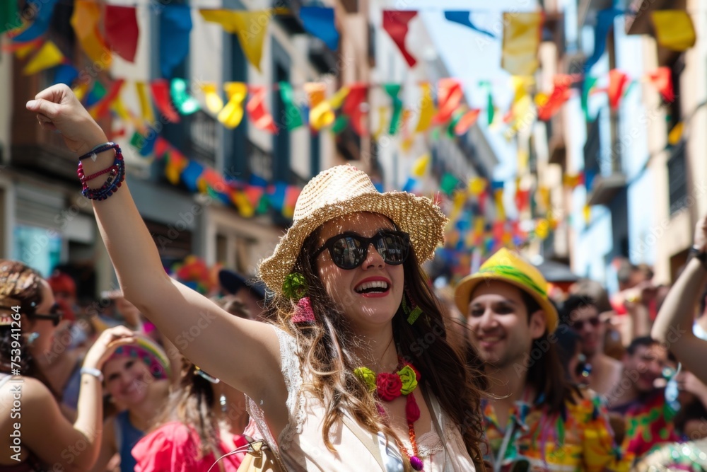 A woman with a sunhat joyfully celebrates, surrounded by colorful flags and a crowd of festival-goers, embodying the spirit of communal festivities. A woman with a sunhat joyfully celebrates, surrounded by colorful flags and a crowd of festival-goers, embodying the spirit of communal festivities.