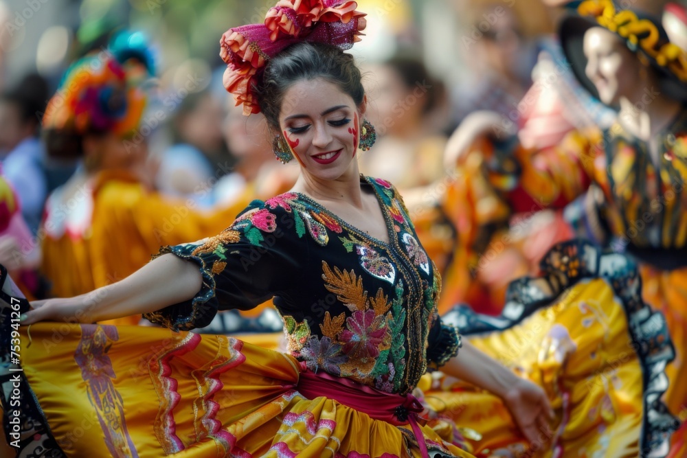 A flamenco dancer in traditional garb enchants with her expressive dance, her dress embroidered with vibrant florals, during Spain's National Day.