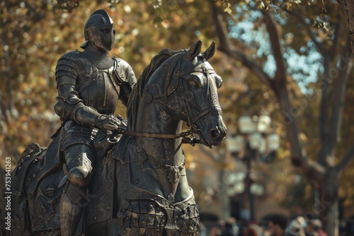 A knight in full armor rides a stoic horse amidst autumn leaves, capturing the essence of historical reenactments and medieval culture.