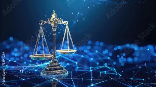 Unbiased Artificial Intelligence, Scales Of Justice In Digital World Concept. Digital Illustration Scales On Futuristic Blue Data Network Background. Fairness And Equality In Ethical Ai Systems