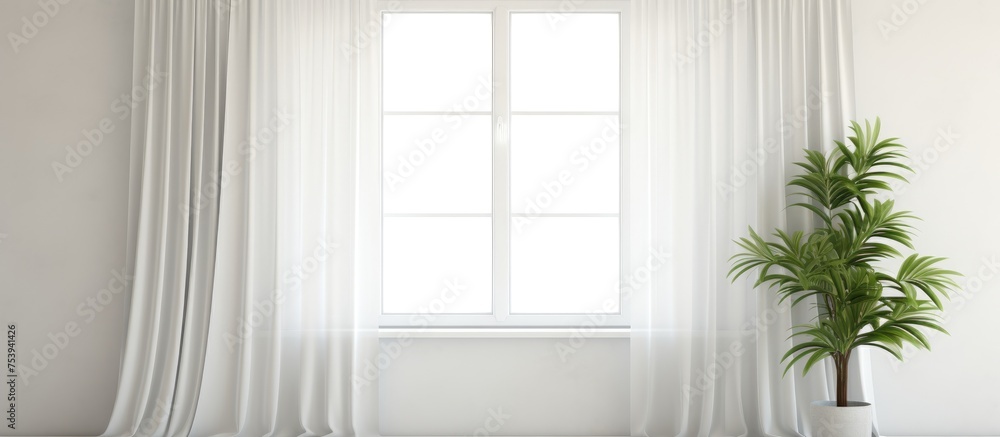A potted plant sits on a windowsill in a simple room, with a white curtain in the background. The plant is bathed in sunlight, creating a peaceful and natural atmosphere.