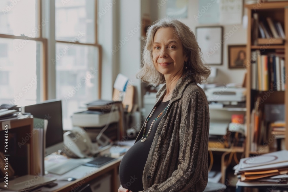 A middle-aged pregnant woman with a warm smile stands amidst a cluttered artist's studio, exuding a sense of creativity and anticipation. A middle-aged pregnant woman with a warm smile stands amidst a cluttered artist's studio, exuding a sense of creativity and anticipation.