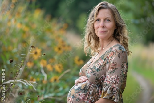 A poised middle-aged pregnant woman, adorned in a floral dress, stands amidst the gentle sway of wildflowers, her eyes reflecting a deep connection to the natural world around her.