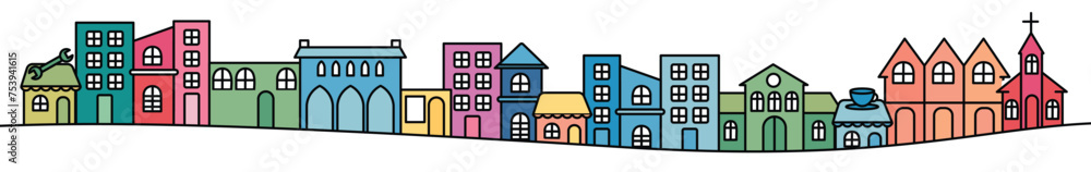 Community Street with Mixed Purpose Buildings | Duplex, Single Family, Townhomes, Retail, Mechanic, City Hall | Line Art Community Street with Mixed Purpose Buildings | Duplex, Single Family, Townhomes, Retail, Mechanic, City Hall | Line Art