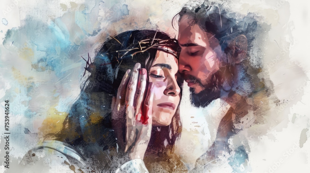 Veronica Wipes The Face Of Jesus. Digital Watercolor Painting - Beautiful Love Concept