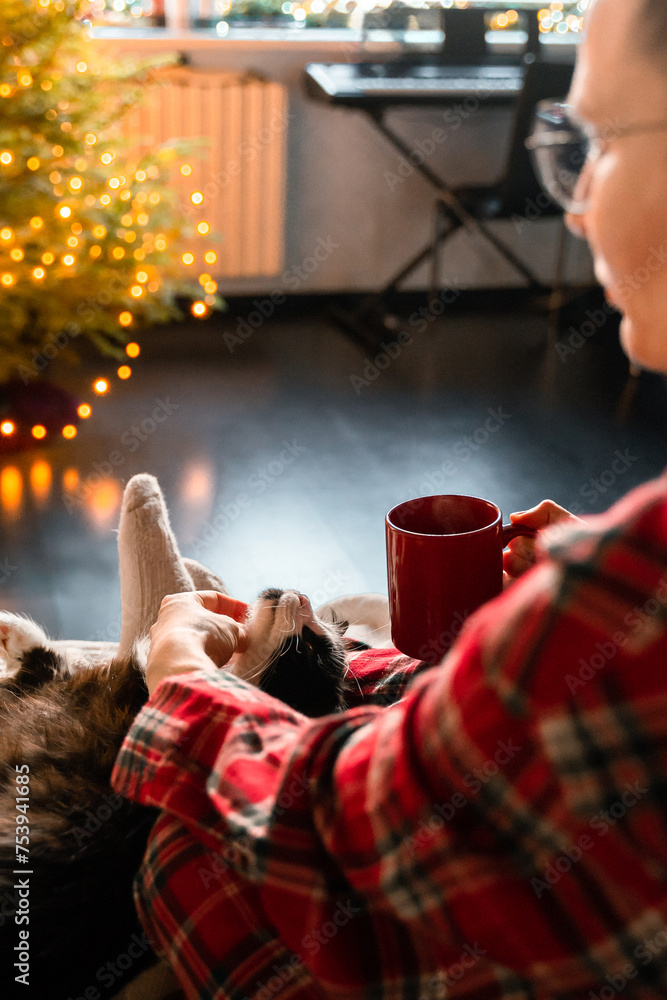woman cuddles cat.twinkling xmas tree lights drink tea on sofa at home woman cuddles cat.twinkling xmas tree lights drink tea on sofa at home