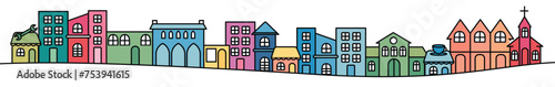 Community Street with Mixed Purpose Buildings | Duplex, Single Family, Townhomes, Retail, Mechanic, City Hall | Line Art