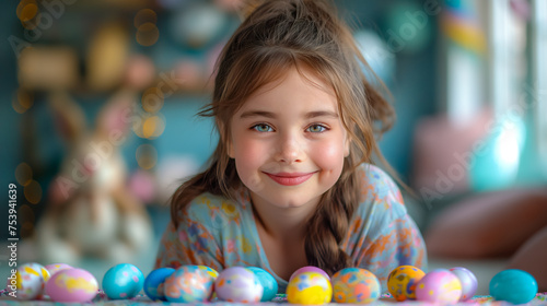 cute little girl preparing to Easter in school or kindergarten, at home. painting eggs