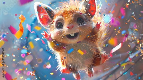 With a delighted squeak, the adorable creature bounces on a trampoline, sending colorful confetti raining down around them.