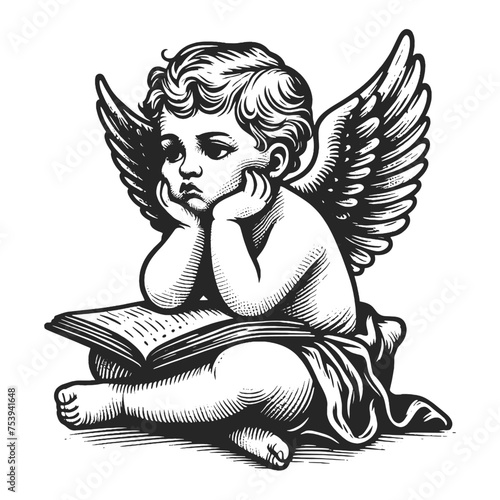 Bored cupid angel baby sketch engraving generative ai fictional character vector illustration. Scratch board imitation. Black and white image.