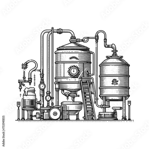 Beer brewing process factory equipment with beer brewing elements and grains. Sketch engraving generative ai vector illustration. Scratch board imitation. Black and white image.