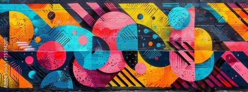 Dynamic urban wall mural showcasing a spectrum of geometric and abstract elements in a bold color palette.