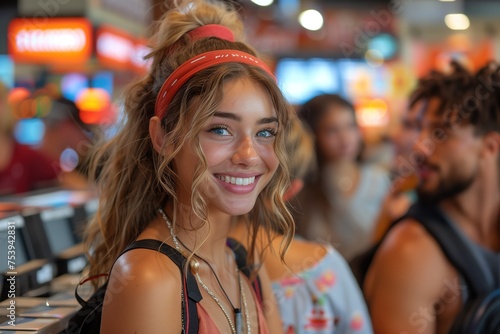 A cheerful young woman with a headband smiles brightly in a busy airport environment, exuding happiness and travel vibes