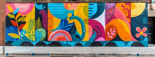 Bold and dynamic street mural featuring abstract floral and wave designs in a vivid color palette  reflecting the essence of urban vibrancy.