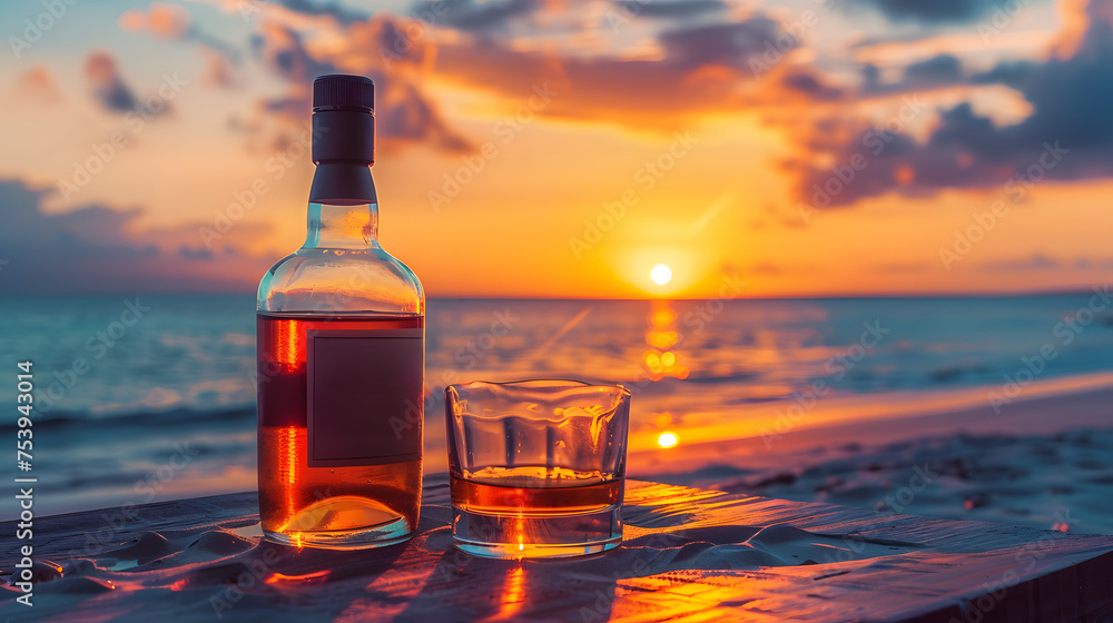 Obraz premium Bottle of whisky on a table with beach sea and sunset in background
