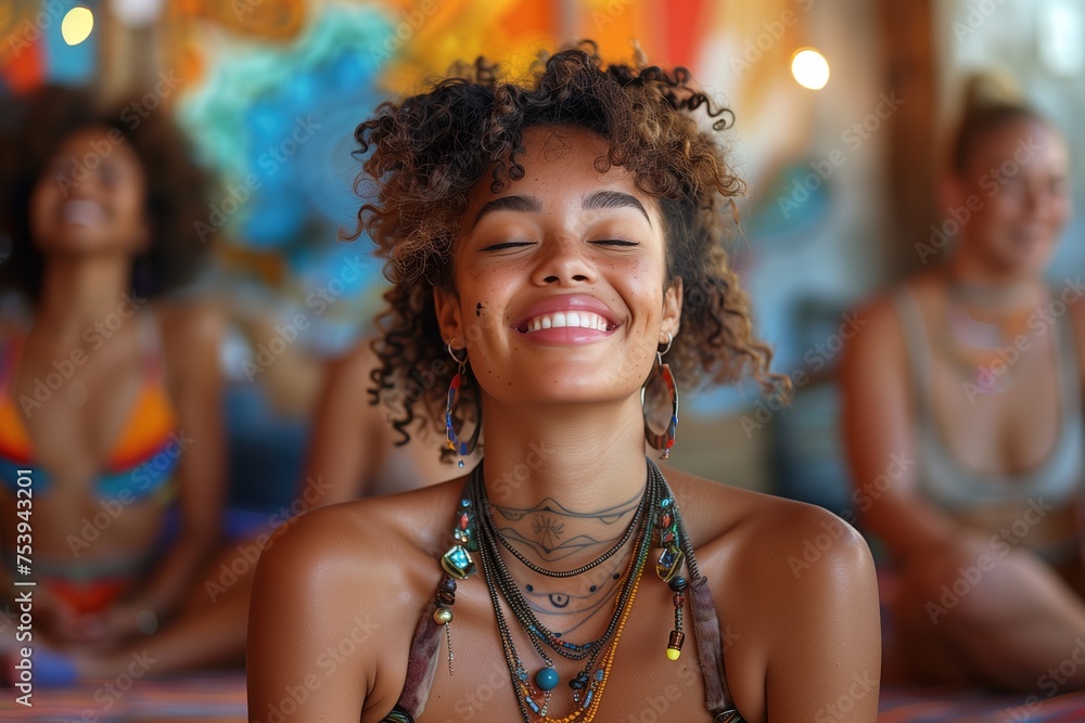Blissful curly-haired woman with tattoos smiles serenely in a meditative setting surrounded by others practicing Blissful curly-haired woman with tattoos smiles serenely in a meditative setting surrounded by others practicing