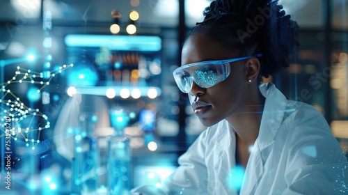 Young Black Woman In Lab And Global Communication Network Concept. Scientific Background. Wide Angle Visual For Banners Or Advertisements