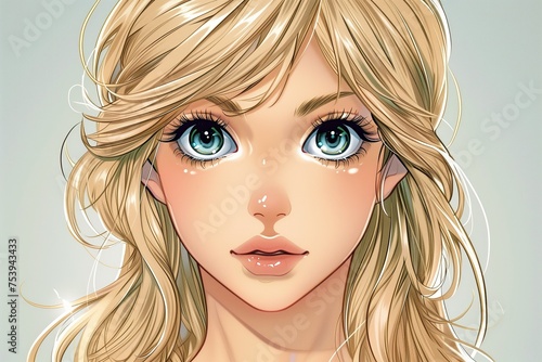 Portrait of a beautiful young girl with huge beautiful blue eyes in cartoon anime style. Ideal for avatar images.