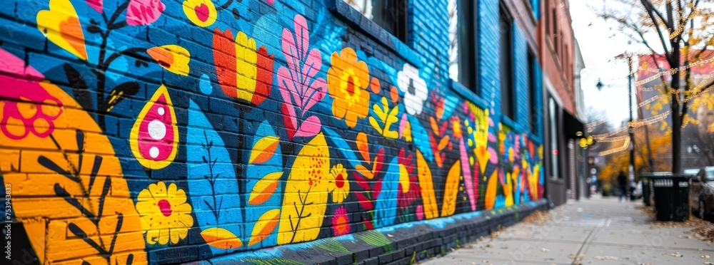 Vivid urban mural featuring abstract floral patterns, bringing a splash of color and nature to the city streets.