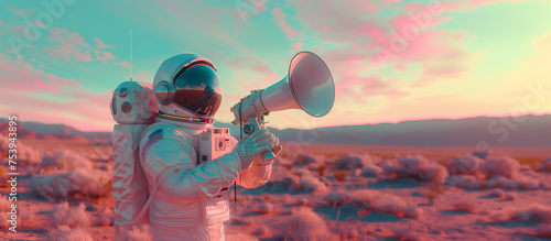 Futuristic astronaut with megaphone against a dreamy sunset sky