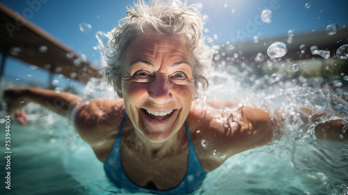 An elderly woman smiles in the pool. Group exercise in the pool.