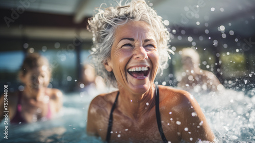 Happy senior woman smiling while swimming in the pool with friends