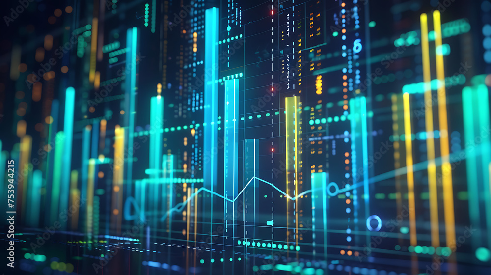 The image showcases bar graphs and a line graph against a dark, digital background. The image showcases bar graphs and a line graph against a dark, digital background.