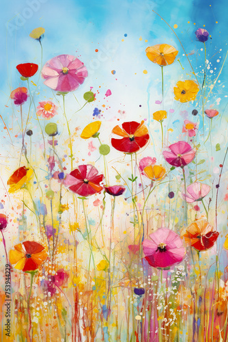 A vibrant, abstract painting featuring a field of colorful flowers against a dreamy backdrop, infused with a sense of springs's joyful essence - Generative AI