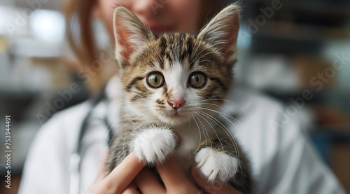 A young kitten gazes curiously at the camera, cradled securely in someone's hands