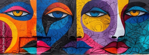 Eye-catching street art mural on a city wall, depicting vibrant, textured faces with a rich interplay of colors and patterns, symbolizing urban diversity.