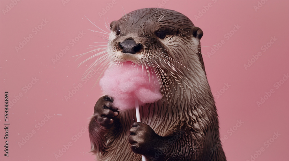 An otter enjoys cotton candy against a pink background. An otter enjoys cotton candy against a pink background.