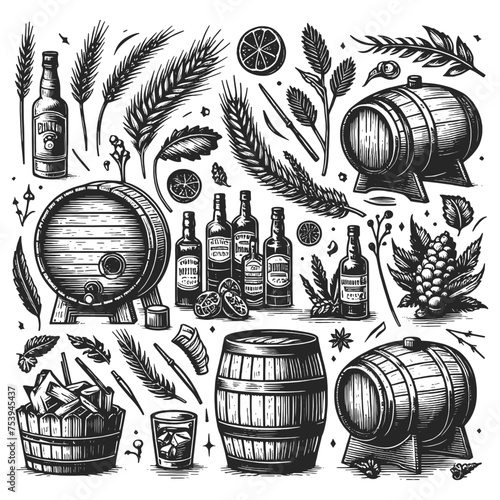distillery elements, including whiskey bottles, barrels, grains, and glassware. Sketch engraving generative ai vector illustration. Scratch board imitation. Black and white image.