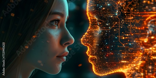 A futuristic illustration of AI integration with human interaction. Concept Technology, AI Integration, Future Society, Human Interaction, Futuristic Illustration
