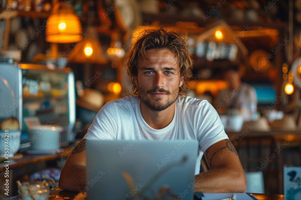 Fototapeta premium A stylish guy in a white T-shirt sits in a Balinese cafe with a laptop on the table, photo at golden hour, he smiles and looks at the laptop