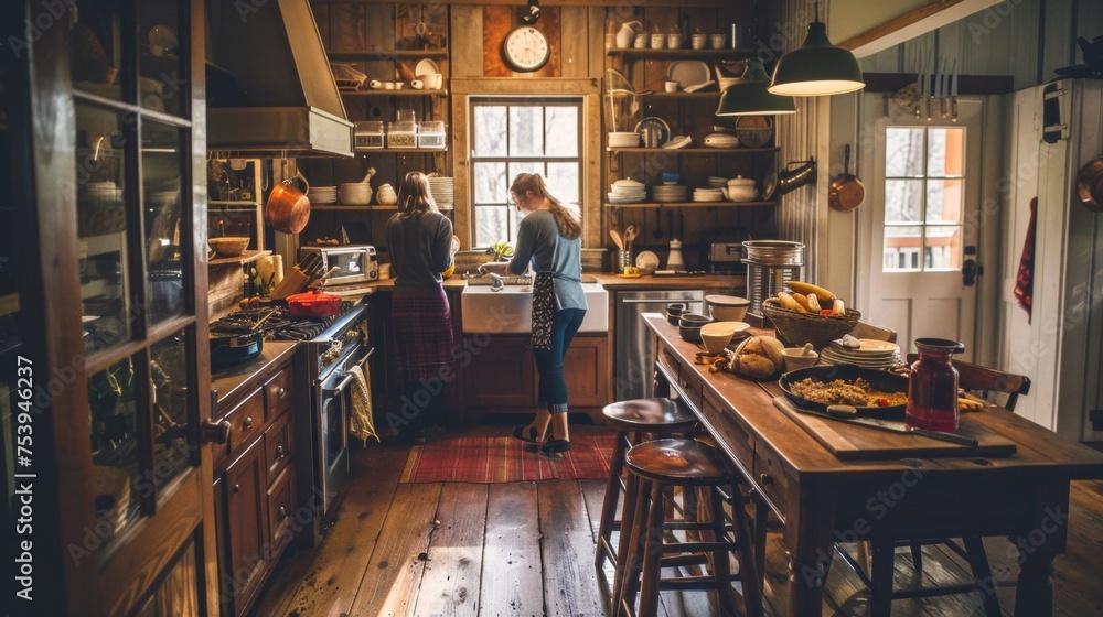 Cozy rustic kitchen with women preparing food together
