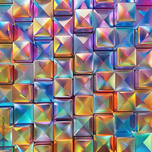 Colorful, holographic, geometric cubes with an iridescent pattern and metallic texture for technological background or wallpaper.