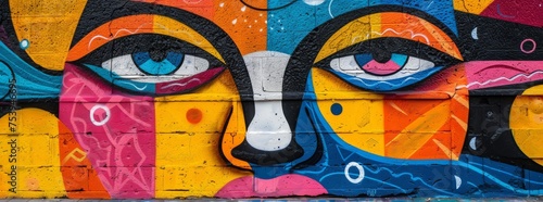 Close-up of colorful street art with bold eyes on urban wall.