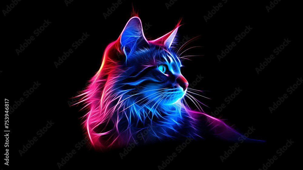 Maine Coon Cat Animal Plexus Neon Black Background Digital Desktop ...