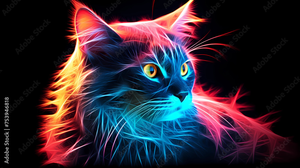 Maine Coon Cat Animal Plexus Neon Black Background Digital Desktop Wallpaper HD 4k Network Light Glowing Laser Motion Bright Abstract