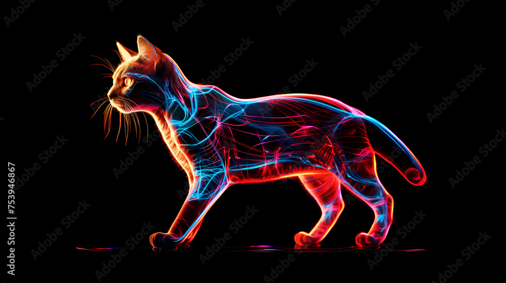 Siam Siamese Cat Animal Plexus Neon Black Background Digital Desktop Wallpaper HD 4k Network Light Glowing Laser Motion Bright Abstract