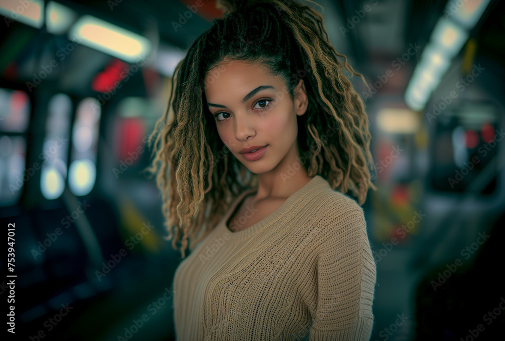 Serene woman with dreadlocks standing in a subway car, her calm gaze contrasting with the vibrant rush of city life around her. Serene woman with dreadlocks standing in a subway car, her calm gaze contrasting with the vibrant rush of city life around her.